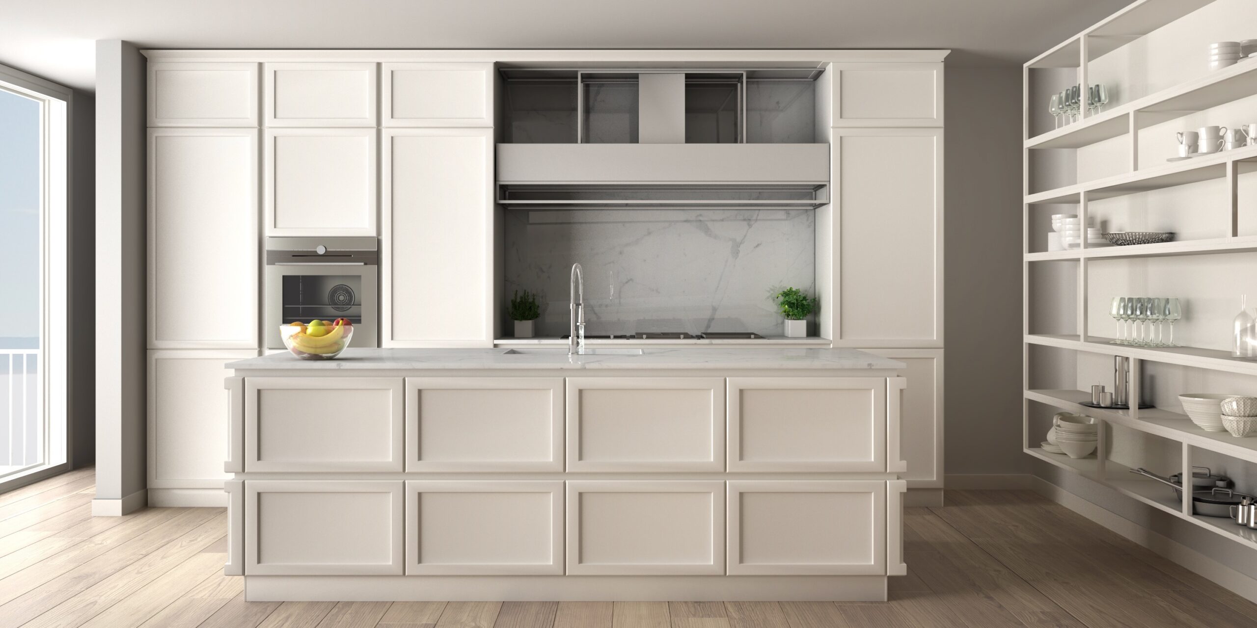 White Paneled Kitchen w/ Open Shelving