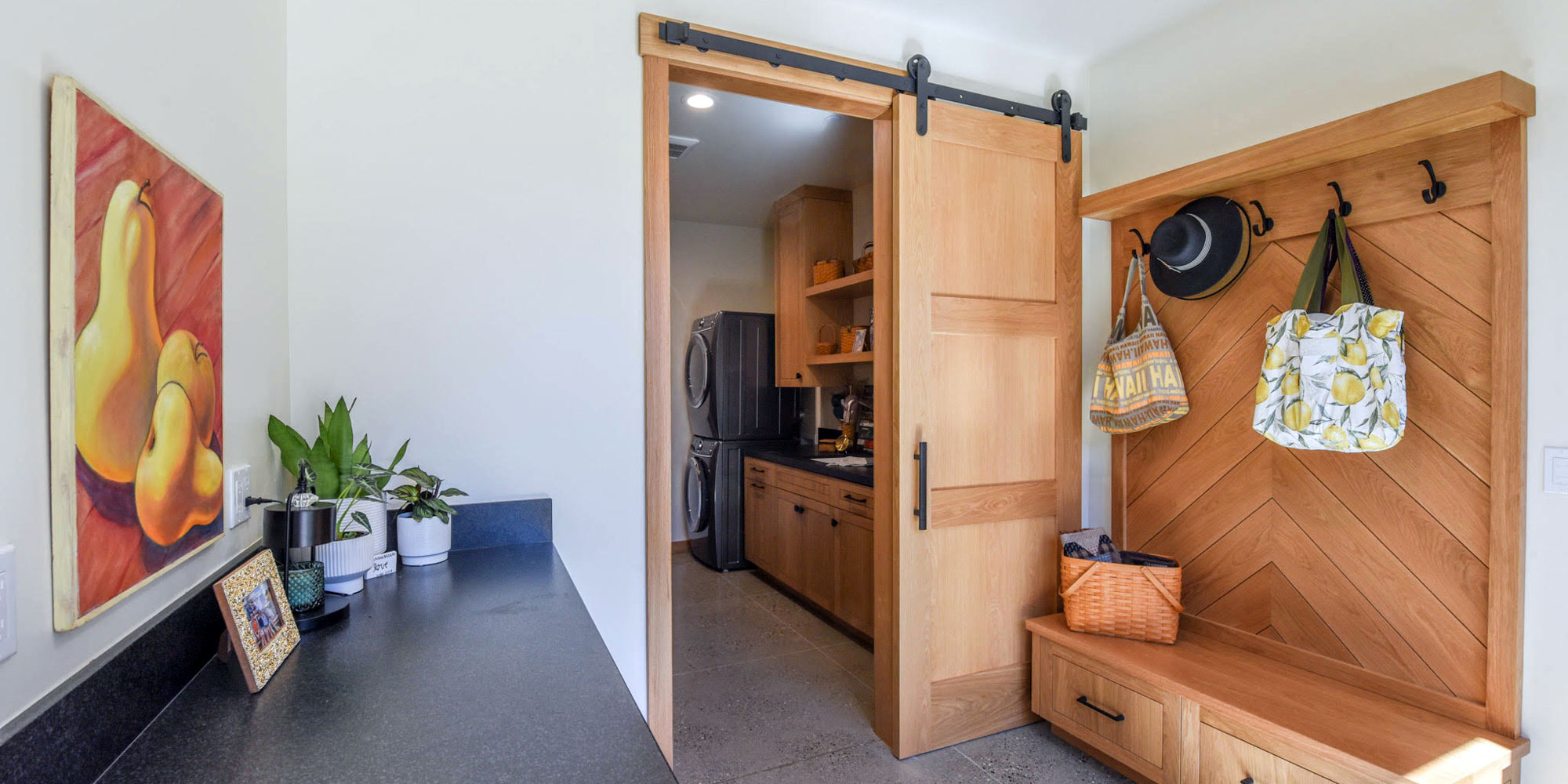 White Oak Three-Panel Shaker Door and Mudroom Bench